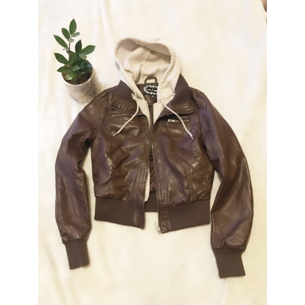 Girls Aviator style brown faux leather jacket